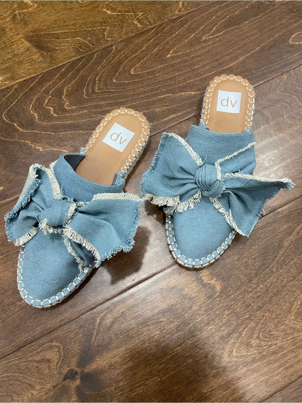 DV by Dolce Vita Frayed Denim Bow Slide Mules in Light Blue